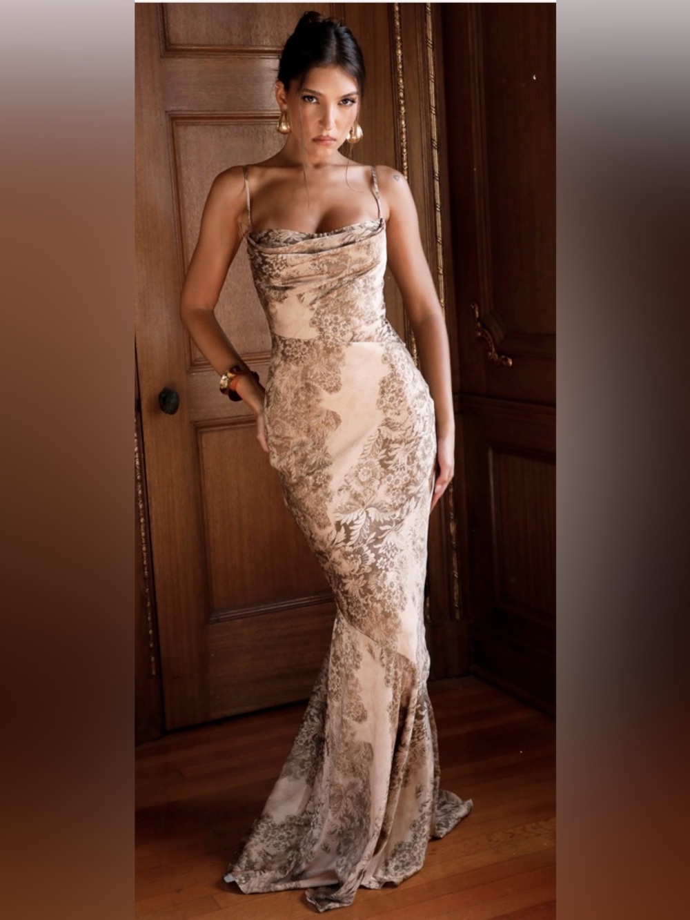 House of CB Beige Gold and Brown Floral Lace Maxi Dress